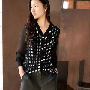 Ming Wang chiffon tweed mixed media blouse black white size medium